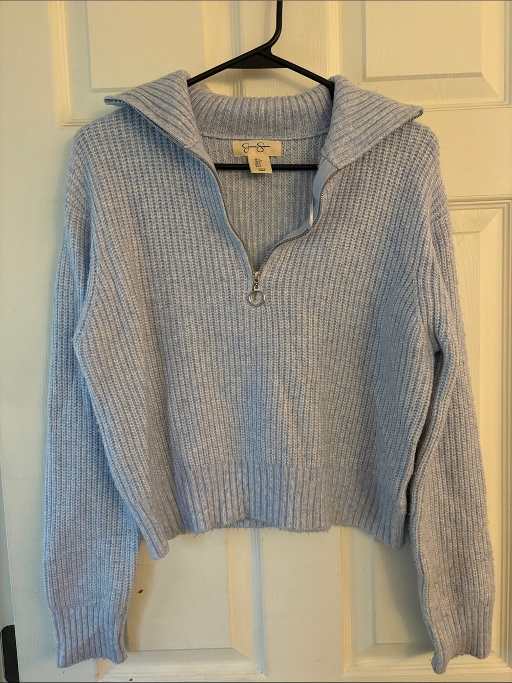Jessica Simpson Light Blue Ribbed Half-Zip Cowl Sweater